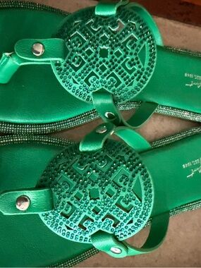 Green Jeweled Round Medallion Thong Sandals